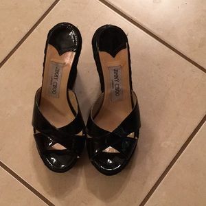 Jimmy Choo criss cross wedge espadrille sandal.